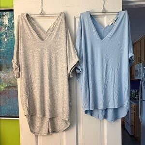 Miami V-Neck Short Sleeve Tops - Light Gray and Sky Blue
